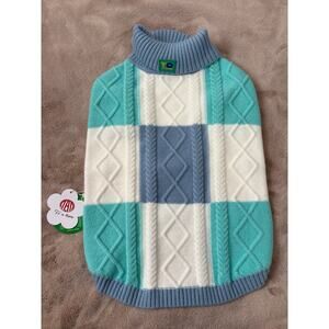 NWT To A Turn Blue Teal White Colorblock Cable Knit Turtleneck Dog Sweater XL